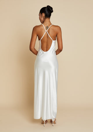 Back view of bride wearing satin bias cut maxi dress