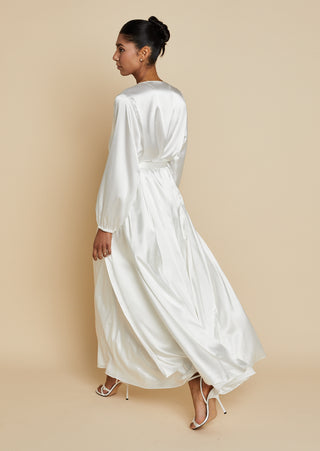 Back view of bride wearing satin bridal maxi length robe