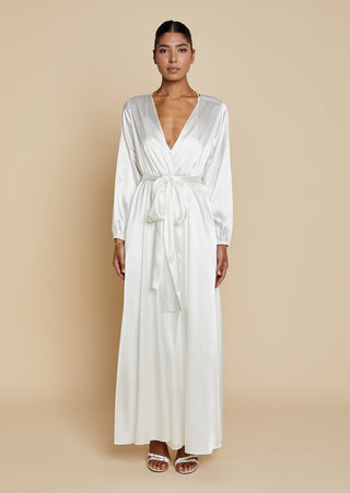 Front view of bride wearing satin bridal maxi length robe