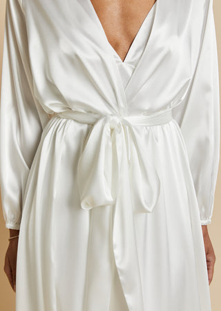 Close up front view of bride wearing satin bridal maxi length robe
