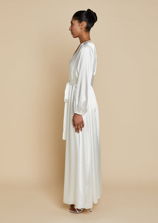 Side view of bride wearing satin bridal maxi length robe